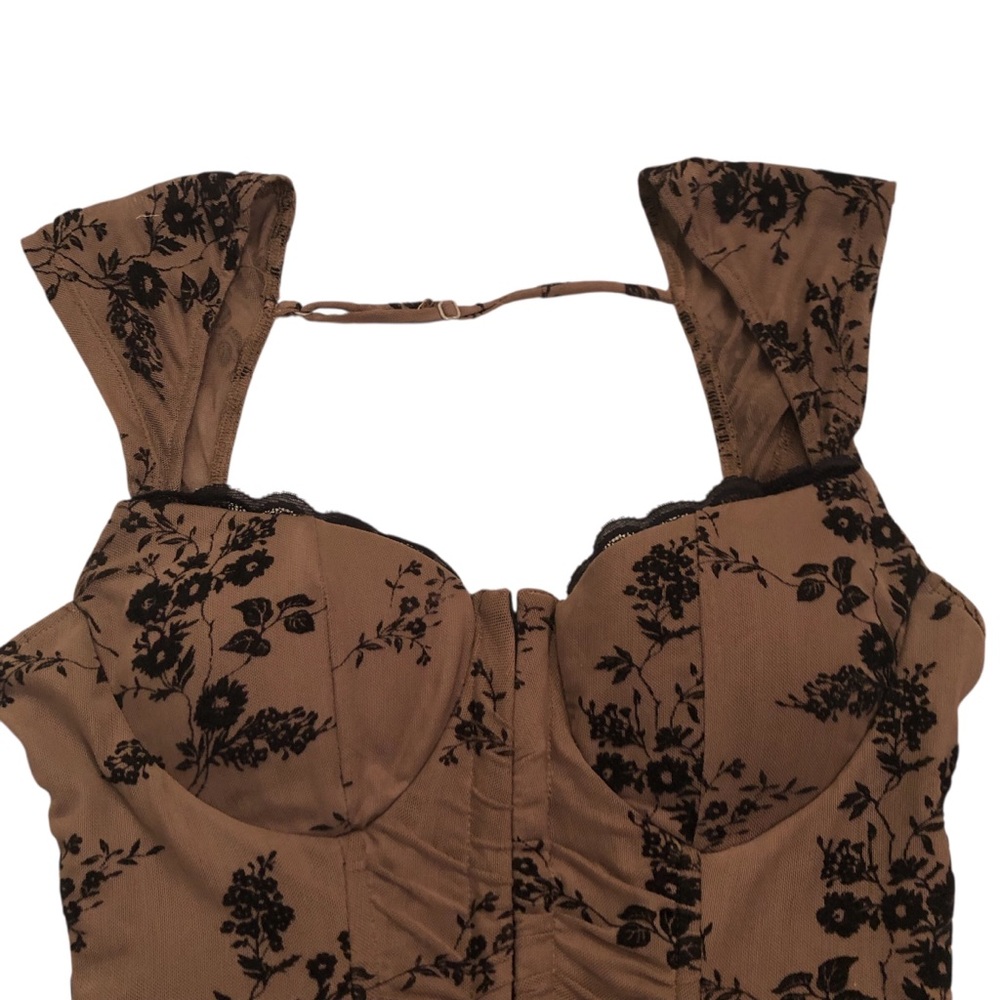 Y2K Chocolate Brown Corset Bustier Top with Black Floral Embroidery Size M - Picture 2 of 7